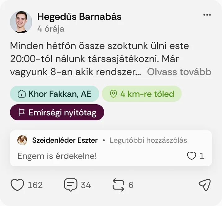 Hegedűs Barnabás posztja: „Minden hétfőn össze szoktunk ülni este 20:00-tól nálunk társasjátékozni.”