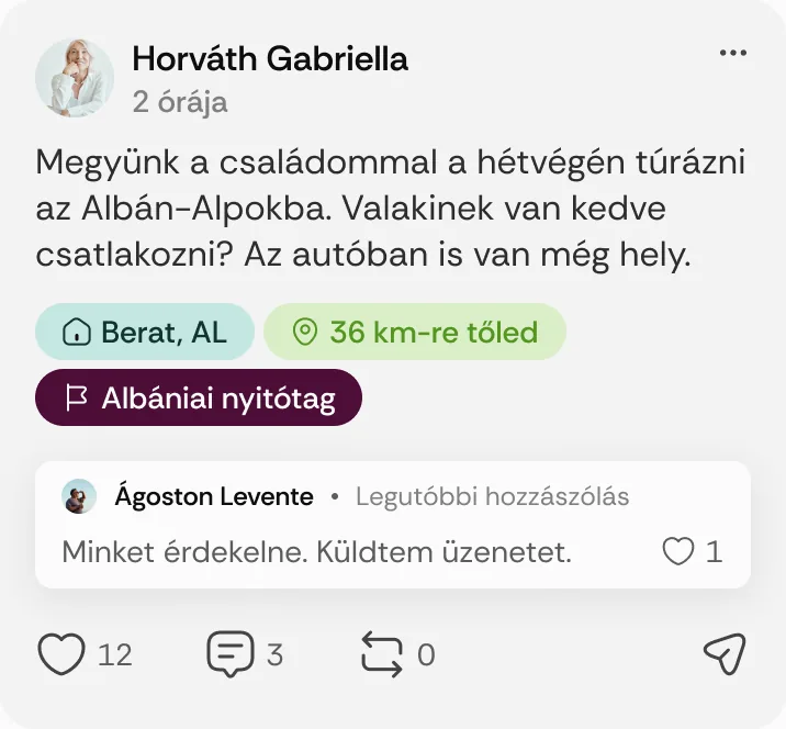 Horváth Gabriella posztja: „Megyünk a családommal a hétvégén túrázni az Albán-Alpokba.”