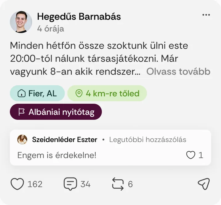 Hegedűs Barnabás posztja: „Minden hétfőn össze szoktunk ülni este 20:00-tól nálunk társasjátékozni.”