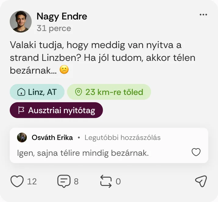 Nagy Endre posztja: „Valaki tudja, hogy meddig van nyitva a strand Linzben?”