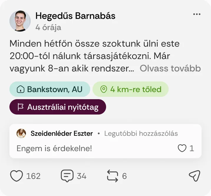 Hegedűs Barnabás posztja: „Minden hétfőn össze szoktunk ülni este 20:00-tól nálunk társasjátékozni.”
