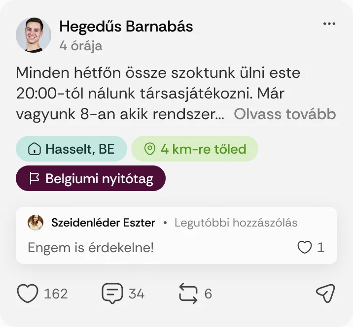 Hegedűs Barnabás posztja: „Minden hétfőn össze szoktunk ülni este 20:00-tól nálunk társasjátékozni.”