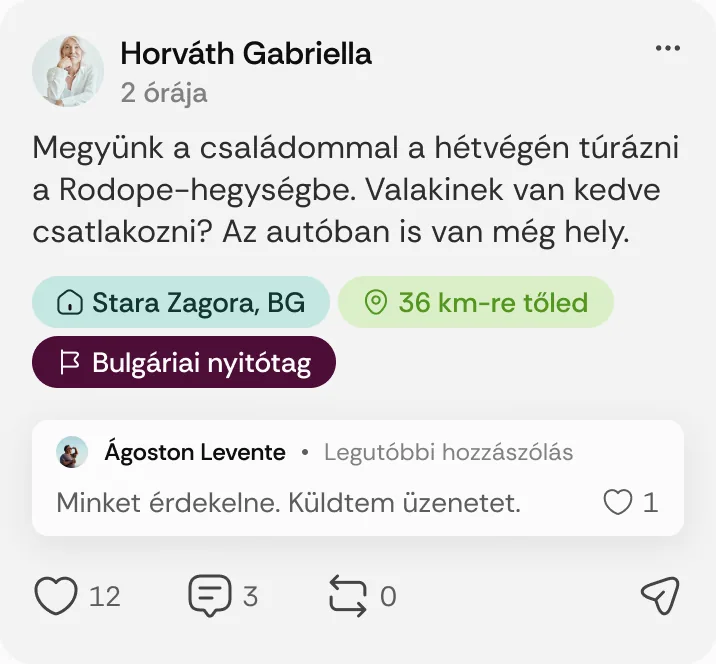 Horváth Gabriella posztja: „Megyünk a családommal a hétvégén túrázni a Rodope-hegységbe.”