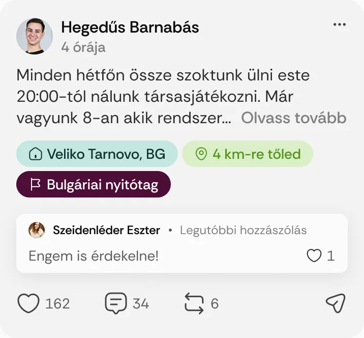 Hegedűs Barnabás posztja: „Minden hétfőn össze szoktunk ülni este 20:00-tól nálunk társasjátékozni.”
