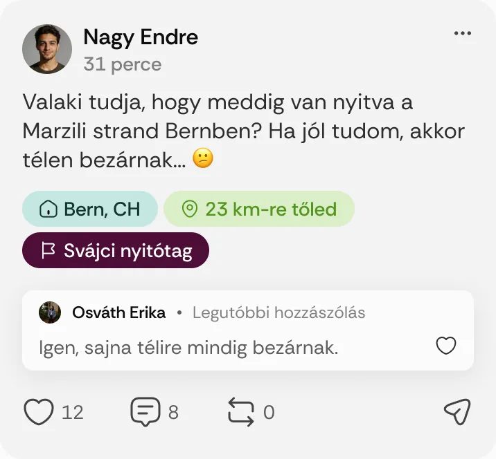 Nagy Endre posztja: „Valaki tudja, hogy meddig van nyitva a Marzili strand Bernben?”