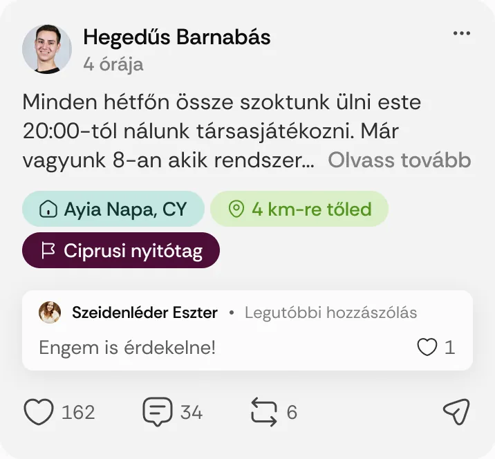 Hegedűs Barnabás posztja: „Minden hétfőn össze szoktunk ülni este 20:00-tól nálunk társasjátékozni.”