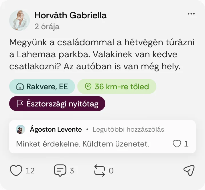 Horváth Gabriella posztja: „Megyünk a családommal a hétvégén túrázni a Lahemaa parkba.”