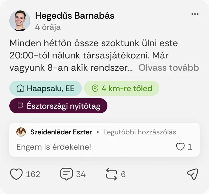 Hegedűs Barnabás posztja: „Minden hétfőn össze szoktunk ülni este 20:00-tól nálunk társasjátékozni.”