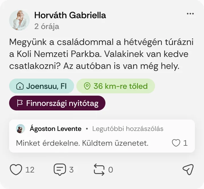 Horváth Gabriella posztja: „Megyünk a családommal a hétvégén túrázni a Koli Nemzeti Parkba.”
