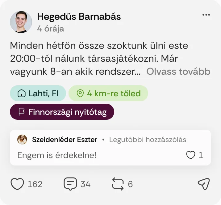 Hegedűs Barnabás posztja: „Minden hétfőn össze szoktunk ülni este 20:00-tól nálunk társasjátékozni.”
