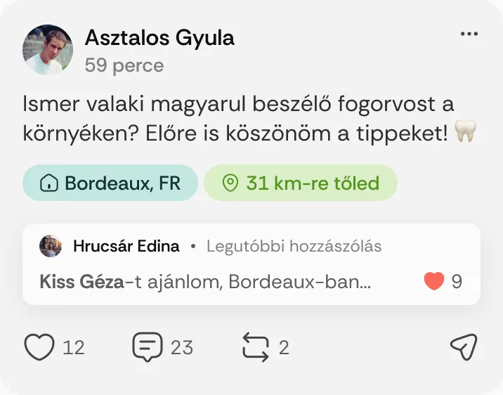 Asztalos Gyula posztja: „Ismer valaki magyarul beszélő fogorvost a környéken?”