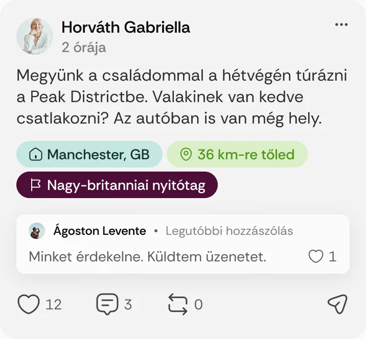 Horváth Gabriella posztja: „Megyünk a családommal a hétvégén túrázni a Peak Districtbe.”
