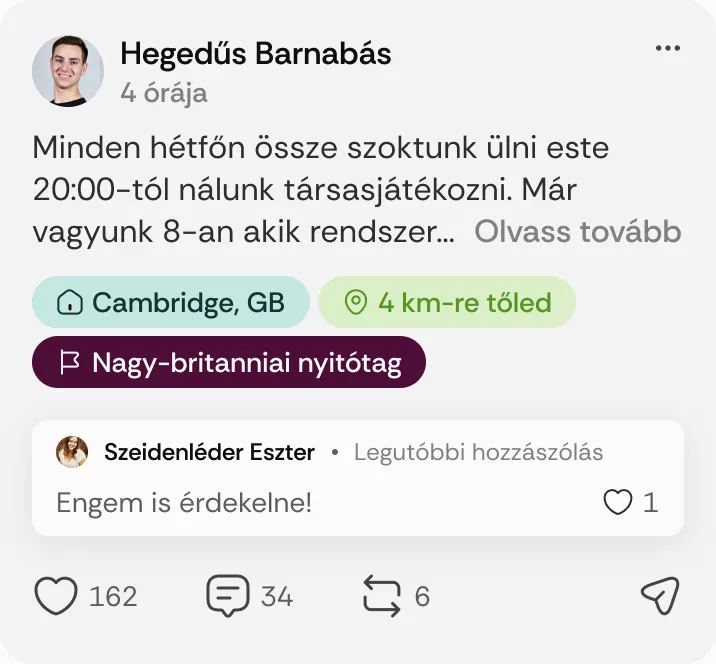 Hegedűs Barnabás posztja: „Minden hétfőn össze szoktunk ülni este 20:00-tól nálunk társasjátékozni.”