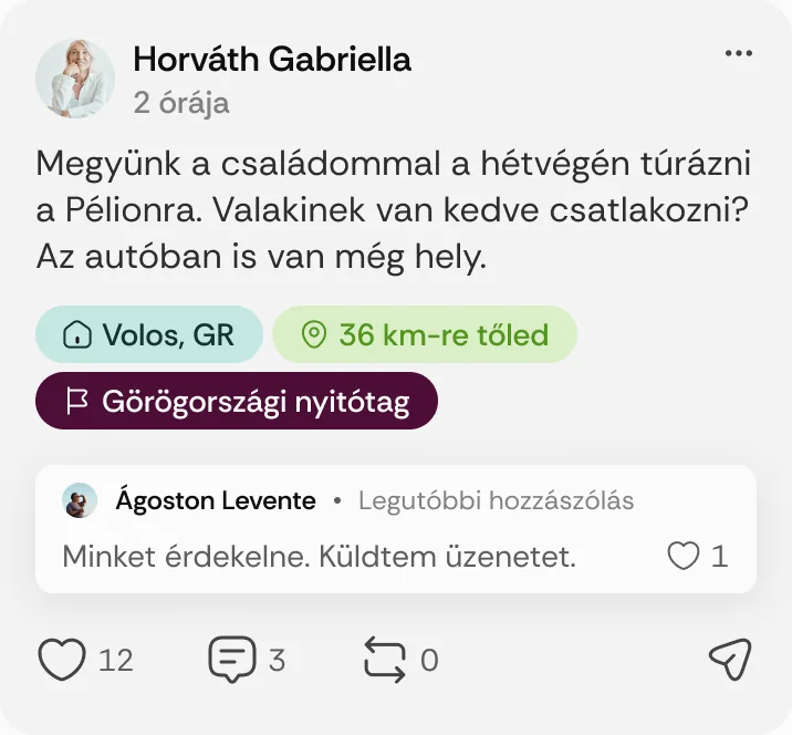 Horváth Gabriella posztja: „Megyünk a családommal a hétvégén túrázni a Pélionra.”