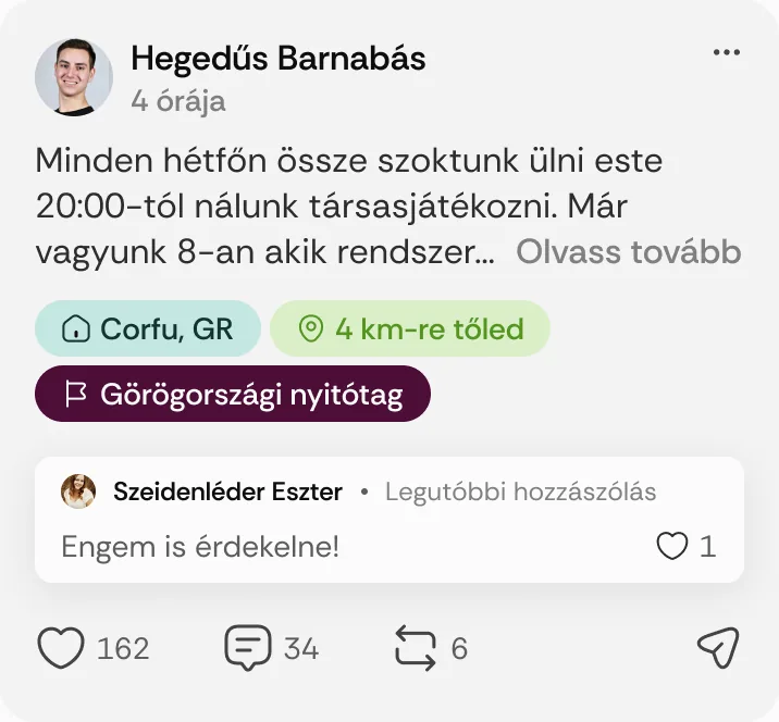 Hegedűs Barnabás posztja: „Minden hétfőn össze szoktunk ülni este 20:00-tól nálunk társasjátékozni.”