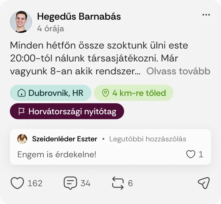 Hegedűs Barnabás posztja: „Minden hétfőn össze szoktunk ülni este 20:00-tól nálunk társasjátékozni.”