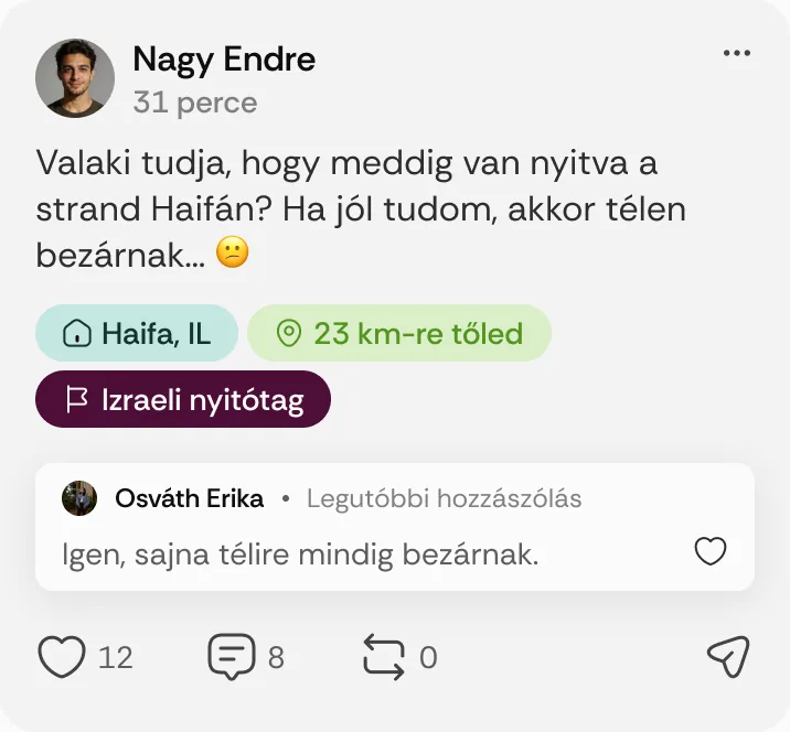 Nagy Endre posztja: „Valaki tudja, hogy meddig van nyitva a strand Haifán?”