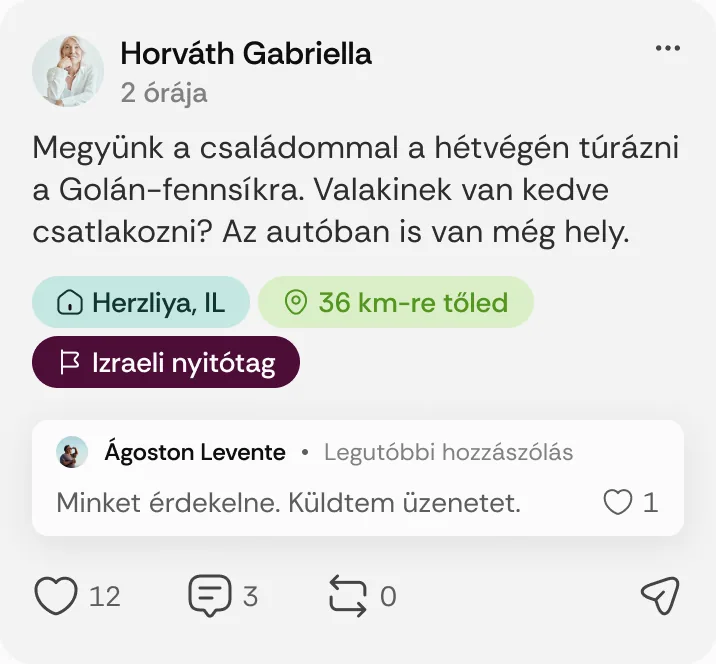 Horváth Gabriella posztja: „Megyünk a családommal a hétvégén túrázni a Golán-fennsíkra.”