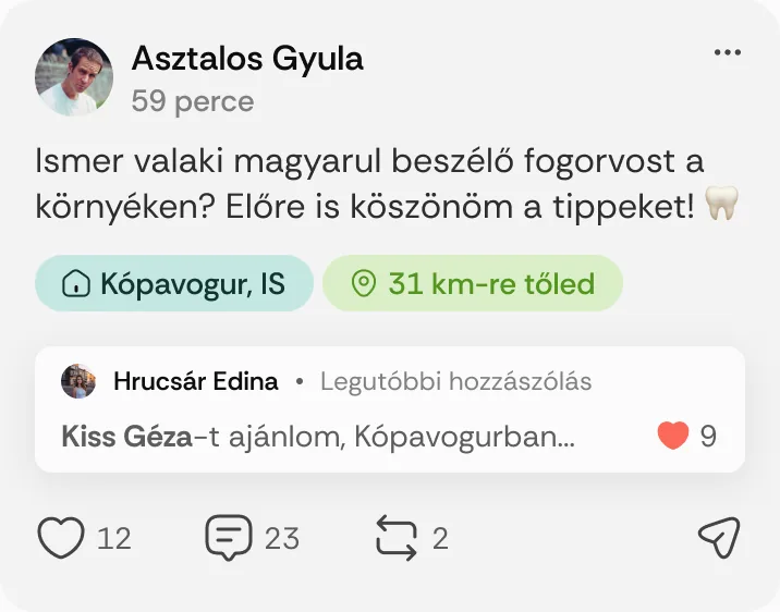 Asztalos Gyula posztja: „Ismer valaki magyarul beszélő fogorvost a környéken?”