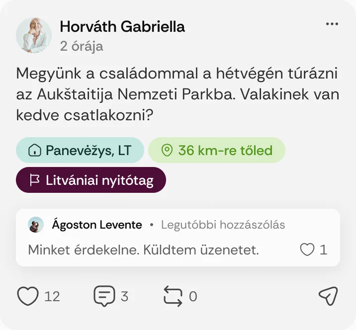 Horváth Gabriella posztja: „Megyünk a családommal a hétvégén túrázni az Aukštaitija Nemzeti Parkba.”