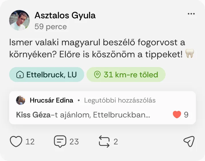 Asztalos Gyula posztja: „Ismer valaki magyarul beszélő fogorvost a környéken?”
