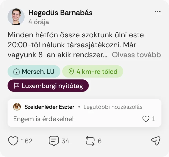 Hegedűs Barnabás posztja: „Minden hétfőn össze szoktunk ülni este 20:00-tól nálunk társasjátékozni.”