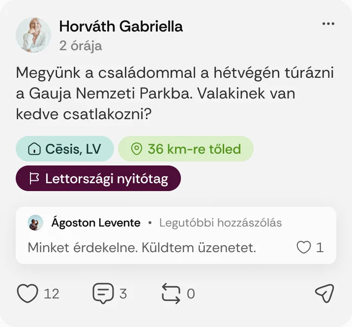Horváth Gabriella posztja: „Megyünk a családommal a hétvégén túrázni a Gauja Nemzeti Parkba.”
