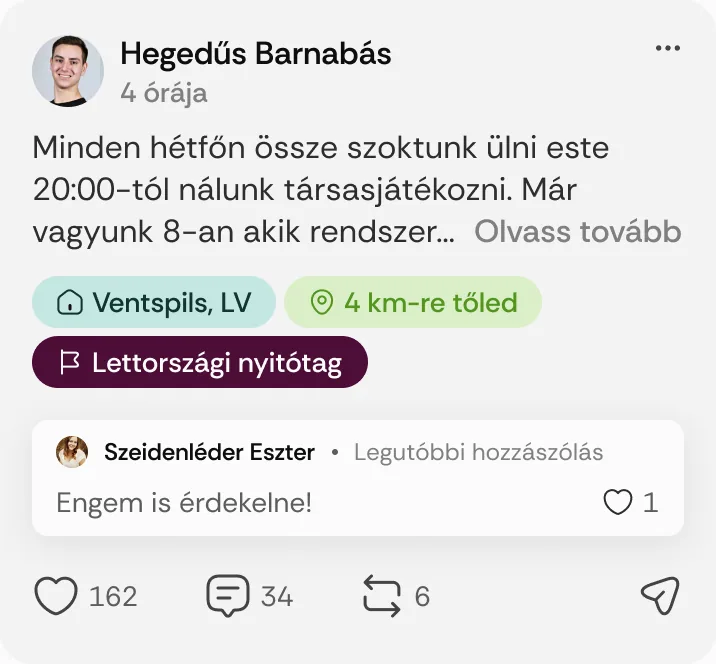 Hegedűs Barnabás posztja: „Minden hétfőn össze szoktunk ülni este 20:00-tól nálunk társasjátékozni.”