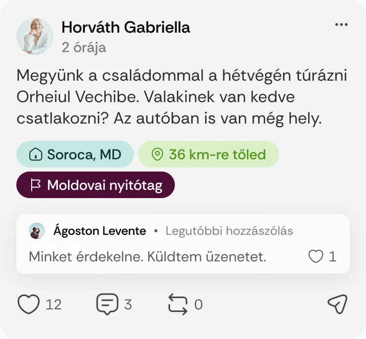 Horváth Gabriella posztja: „Megyünk a családommal a hétvégén túrázni Orheiul Vechibe.”