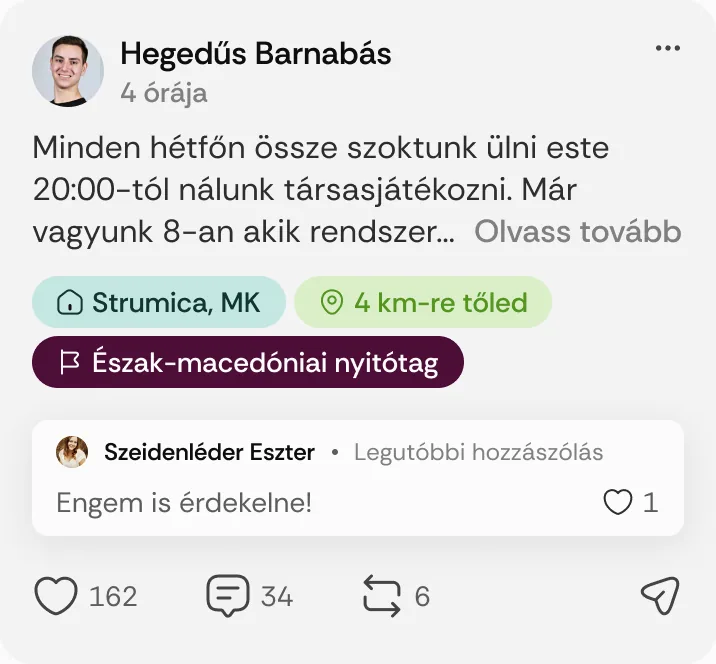 Hegedűs Barnabás posztja: „Minden hétfőn össze szoktunk ülni este 20:00-tól nálunk társasjátékozni.”
