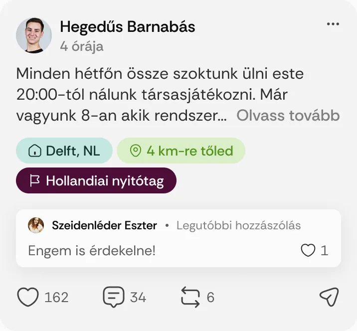 Hegedűs Barnabás posztja: „Minden hétfőn össze szoktunk ülni este 20:00-tól nálunk társasjátékozni.”