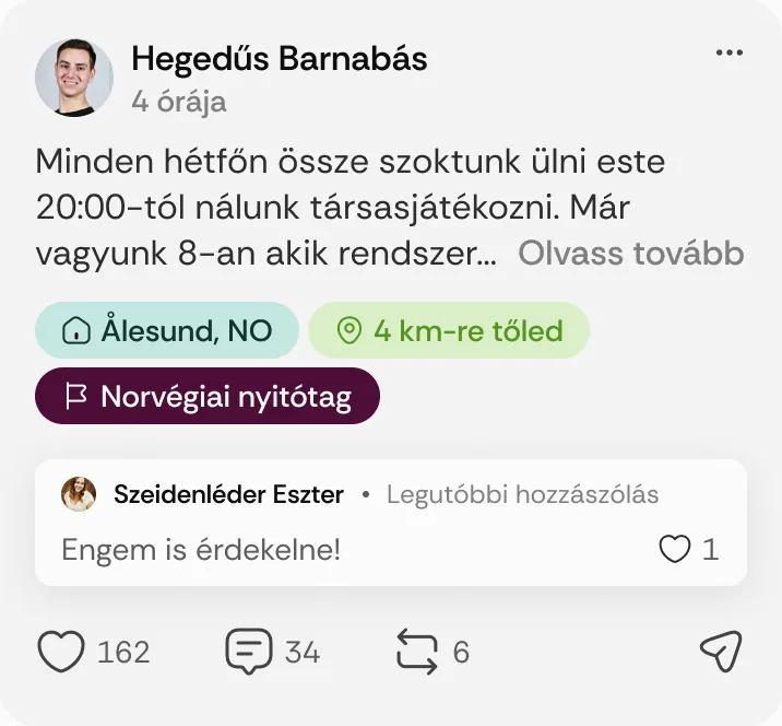 Hegedűs Barnabás posztja: „Minden hétfőn össze szoktunk ülni este 20:00-tól nálunk társasjátékozni.”