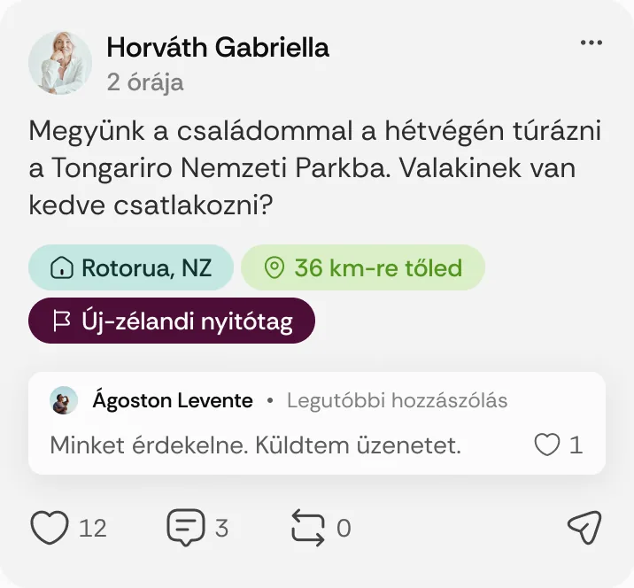 Horváth Gabriella posztja: „Megyünk a családommal a hétvégén túrázni a Tongariro Nemzeti Parkba.”