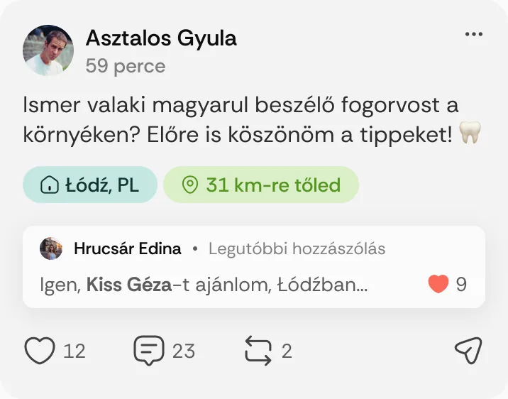 Asztalos Gyula posztja: „Ismer valaki magyarul beszélő fogorvost a környéken?”