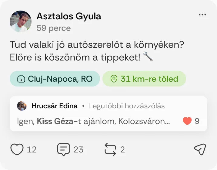 Asztalos Gyula posztja: „Tud valaki jó autószerelőt a környéken?”