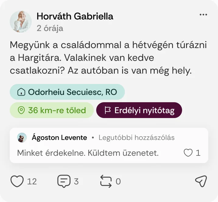 Horváth Gabriella posztja: „Megyünk a családommal a hétvégén túrázni a Hargitára.”