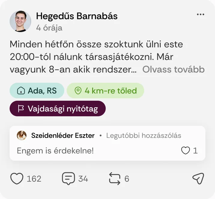 Hegedűs Barnabás posztja: „Minden hétfőn össze szoktunk ülni este 20:00-tól nálunk társasjátékozni.”