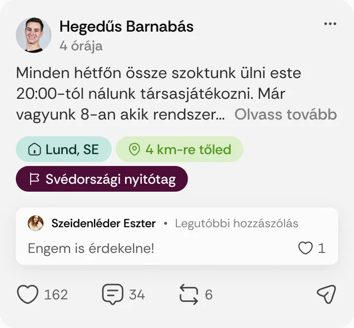 Hegedűs Barnabás posztja: „Minden hétfőn össze szoktunk ülni este 20:00-tól nálunk társasjátékozni.”
