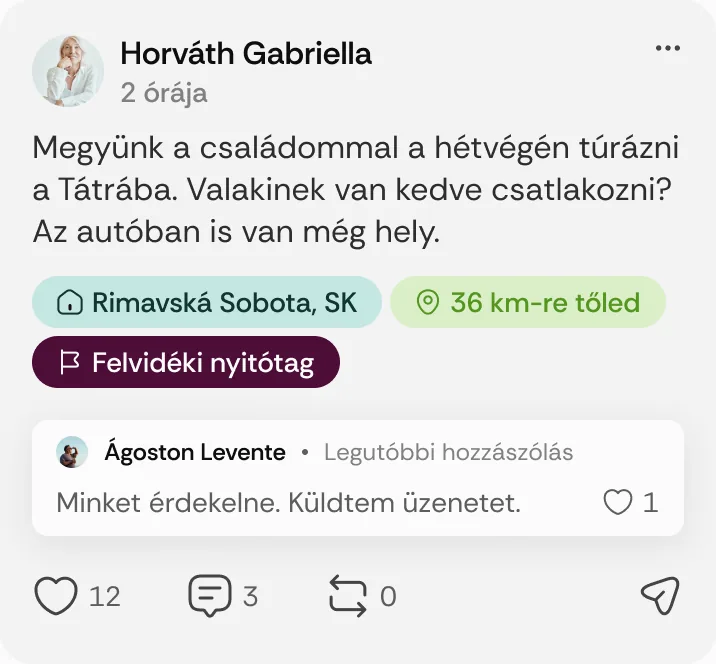 Horváth Gabriella posztja: „Megyünk a családommal a hétvégén túrázni a Tátrába.”