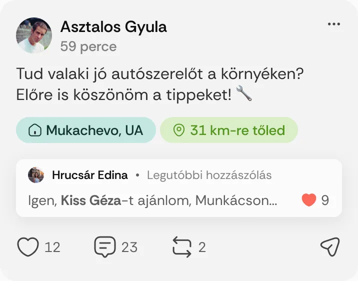 Asztalos Gyula posztja: „Tud valaki jó autószerelőt a környéken?”