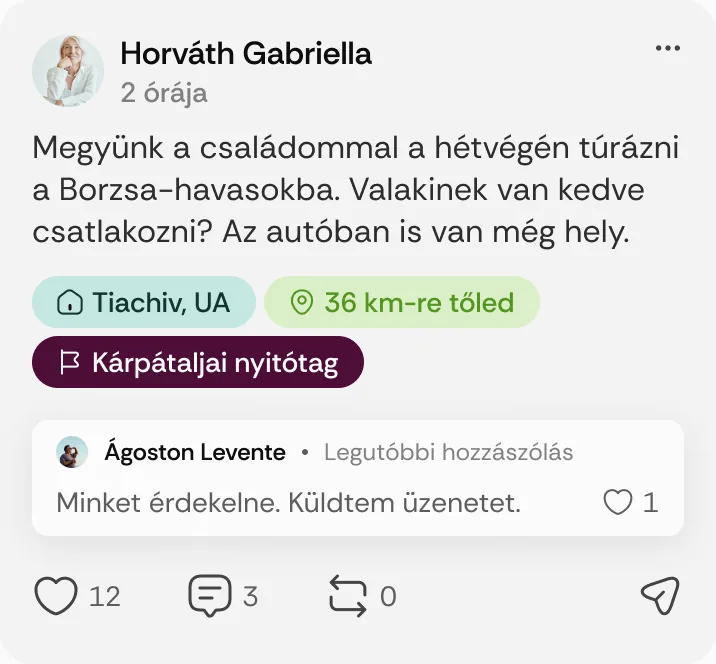 Horváth Gabriella posztja: „Megyünk a családommal a hétvégén túrázni a Borzsa-havasokba.”