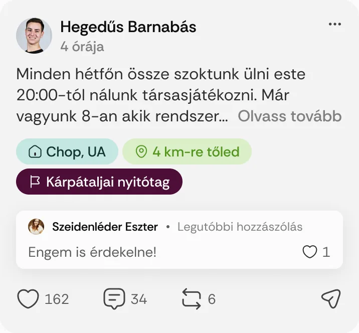 Hegedűs Barnabás posztja: „Minden hétfőn össze szoktunk ülni este 20:00-tól nálunk társasjátékozni.”