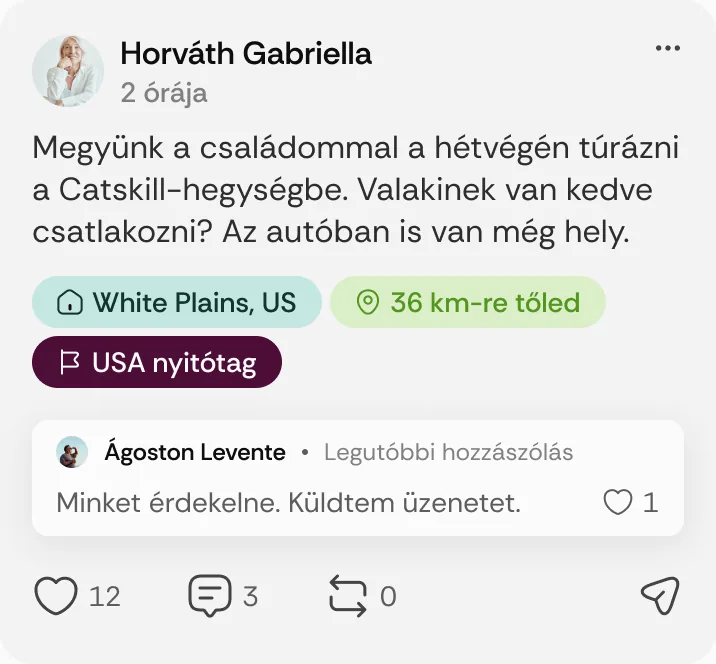 Horváth Gabriella posztja: „Megyünk a családommal a hétvégén túrázni a Catskill-hegységbe.”