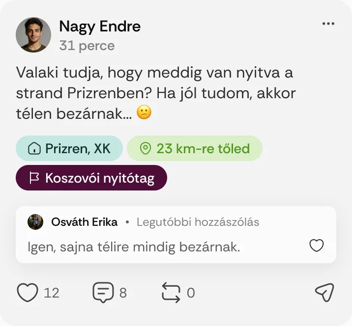 Nagy Endre posztja: „Valaki tudja, hogy meddig van nyitva a strand Prizrenben?”